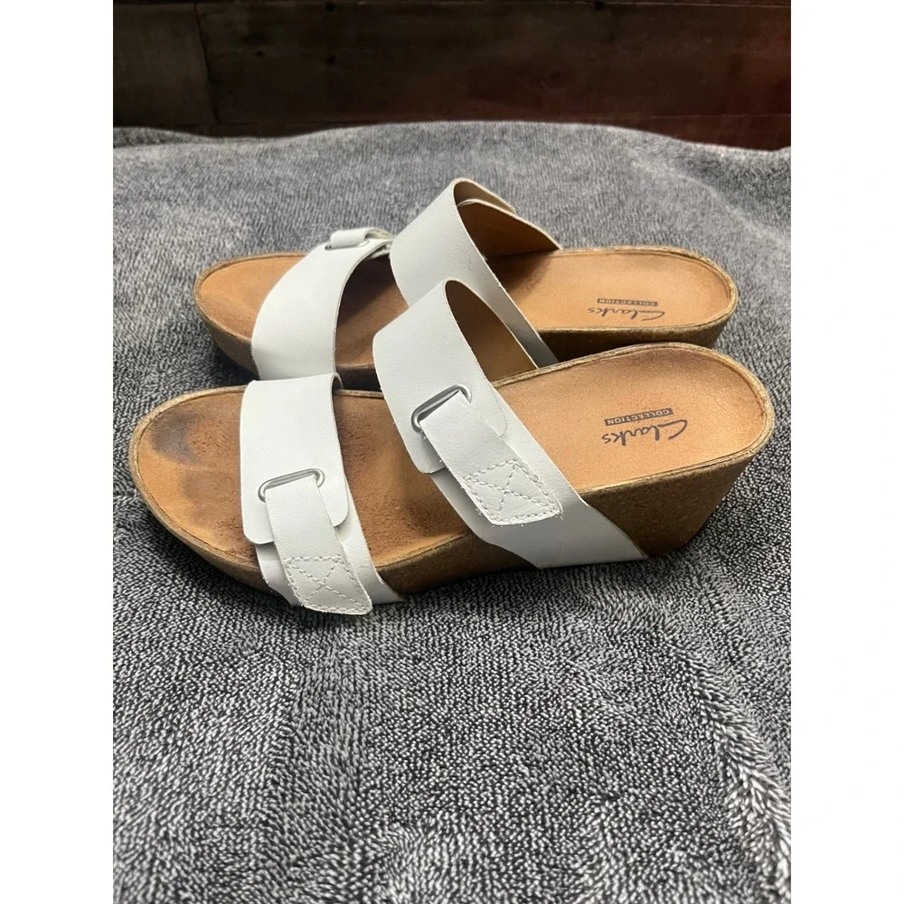 Clarks Collection White Double Strap Wedge Sandals Cork Heel Coastal Preppy Boho